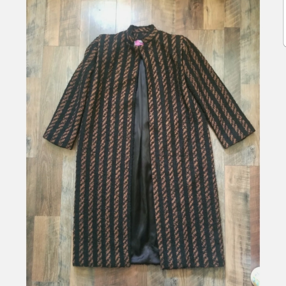 Vintage Stephan Ltd. 100% Wool Maxi Pea Coat Sz 6 10 Black Tan